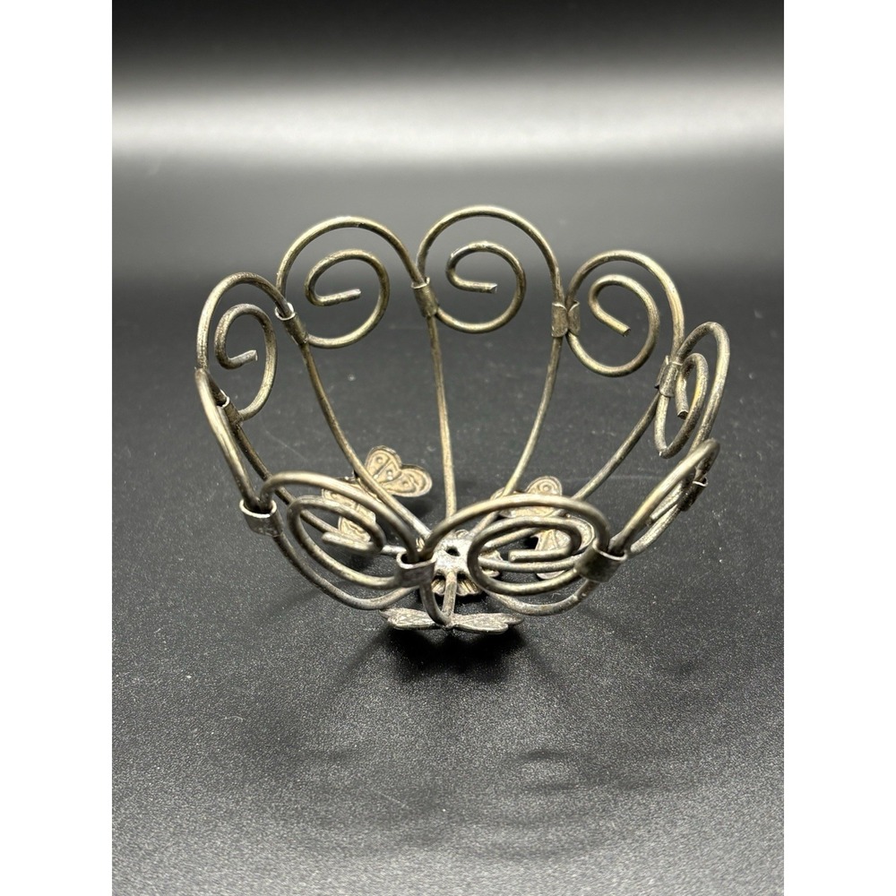 Vintage Butterfly & Daisy Scroll Wire Trinket Dish, Mid-Century Silver Tone 3"